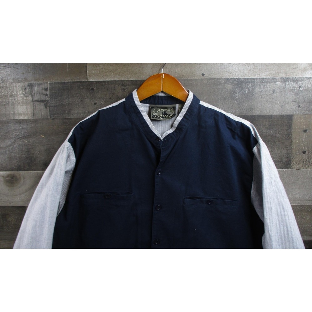 Spindle River Shirt Mens XL Navy Gray Band Collar Western Two Tone Button Up